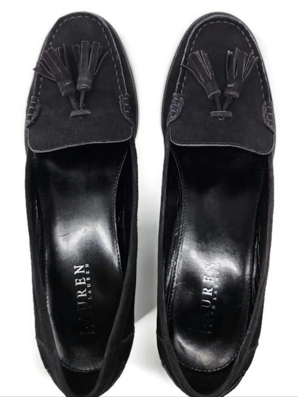 Lauren Ralph Lauren Pomona Black Suede Moc-Toe Slip-On Tassel Penny Loafers